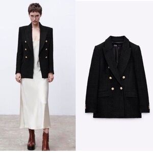 NWOT Zara Double Breasted Black Textured Blazer with Gold Buttons XS